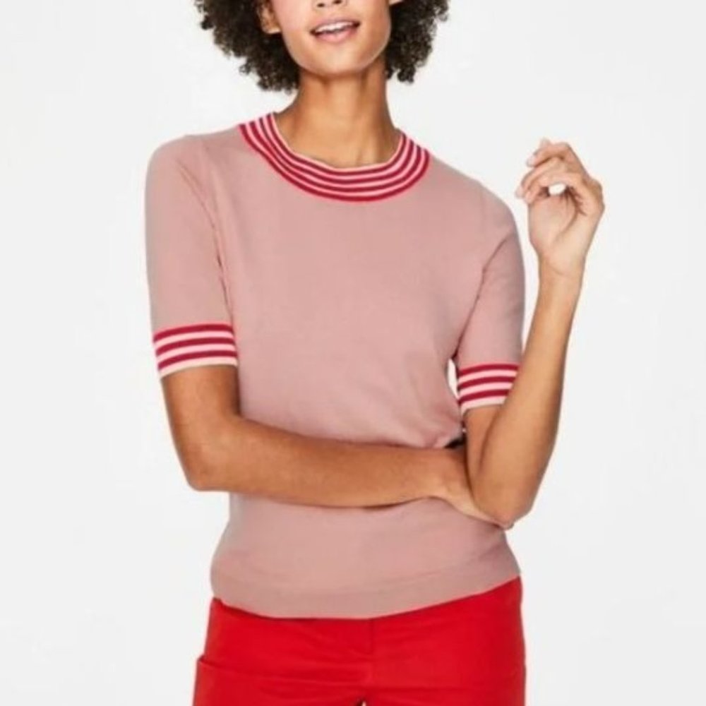 Boden Rachel Knitted Top Round Neck Stretch Contrasting Stripe Chalky Pink Small